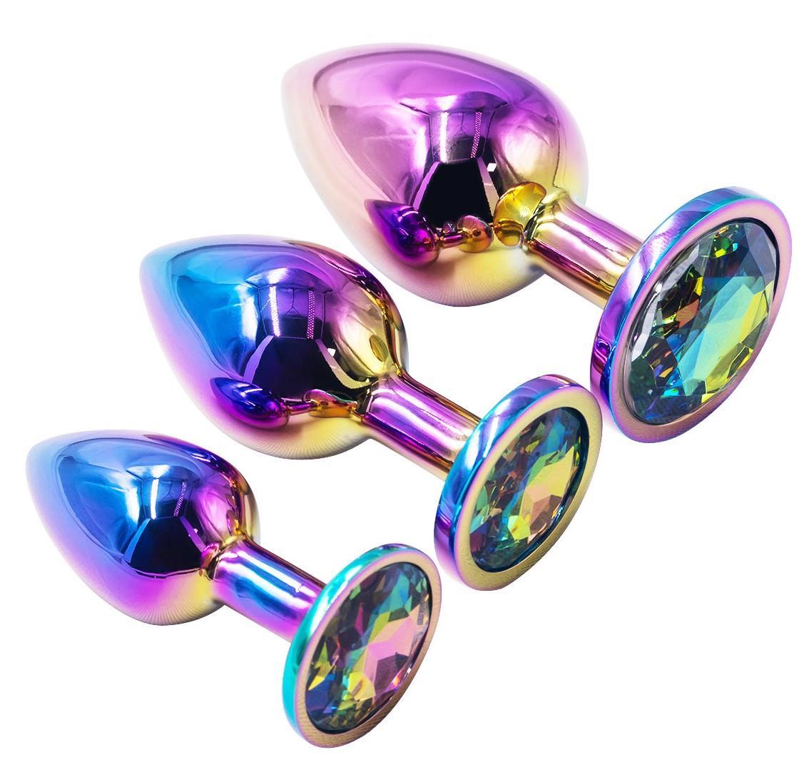 3 Farklı Boyutta Gökkuşağı Renkli Mücevher Taşlı Metal Anal Alıştırıcı Genişletici Plug Tıkaç Set