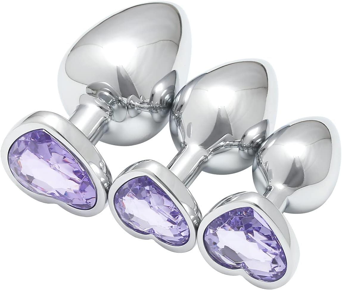 3 Farklı Boyutta Gümüş Metal Kalpli Mor Mücevher Taşlı Anal Alıştırıcı Genişletici Plug Tıkaç Set