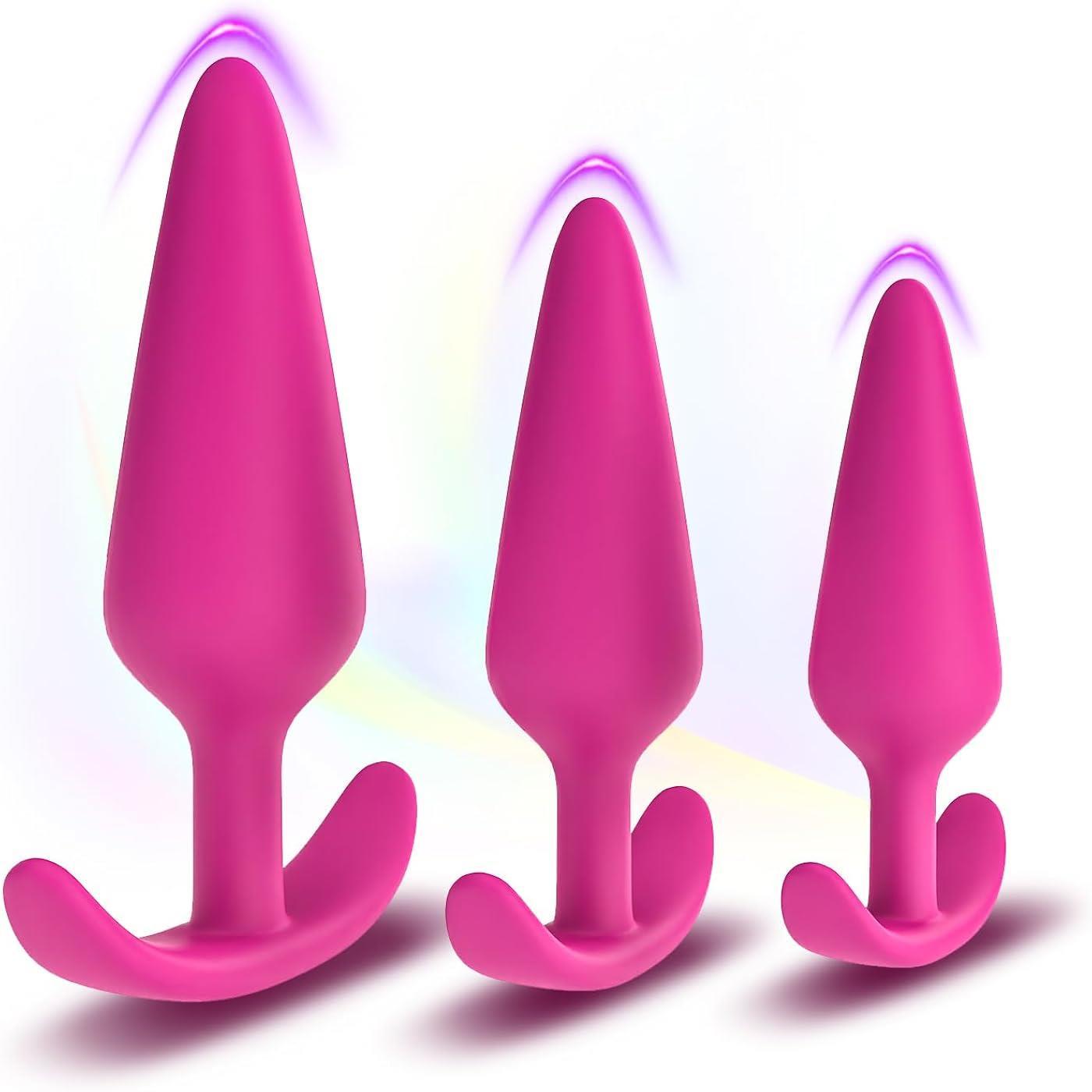 3 Farklı Boyutta Soft Fuşya Silikon Doku Anal Açıcı Alıştırıcı Genişletici Tıpa 3'lü Plug Tıkaç Seti