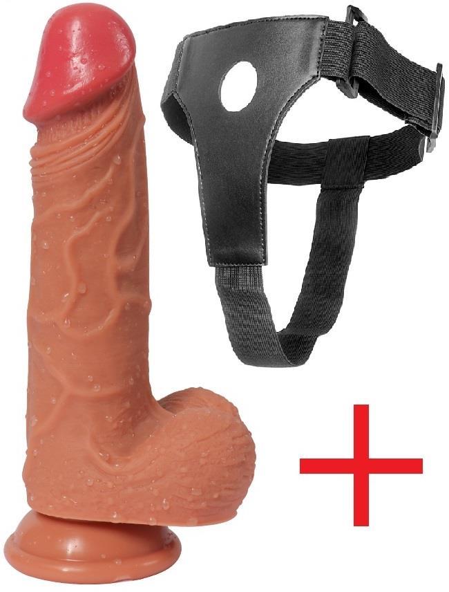 Belden Bağlamalı Ekstra Özel Çift Katmanlı Doku 20 Cm Penis Takma Kemerli Vantuzlu Realistik Dildo