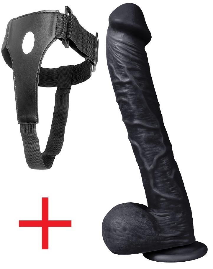 Belden Bağlamalı Gerçekçi Et Dokusunda 33.5 Cm Kalın Zenci Takma Dildo Vantuzlu Kemerli Siyah Penis