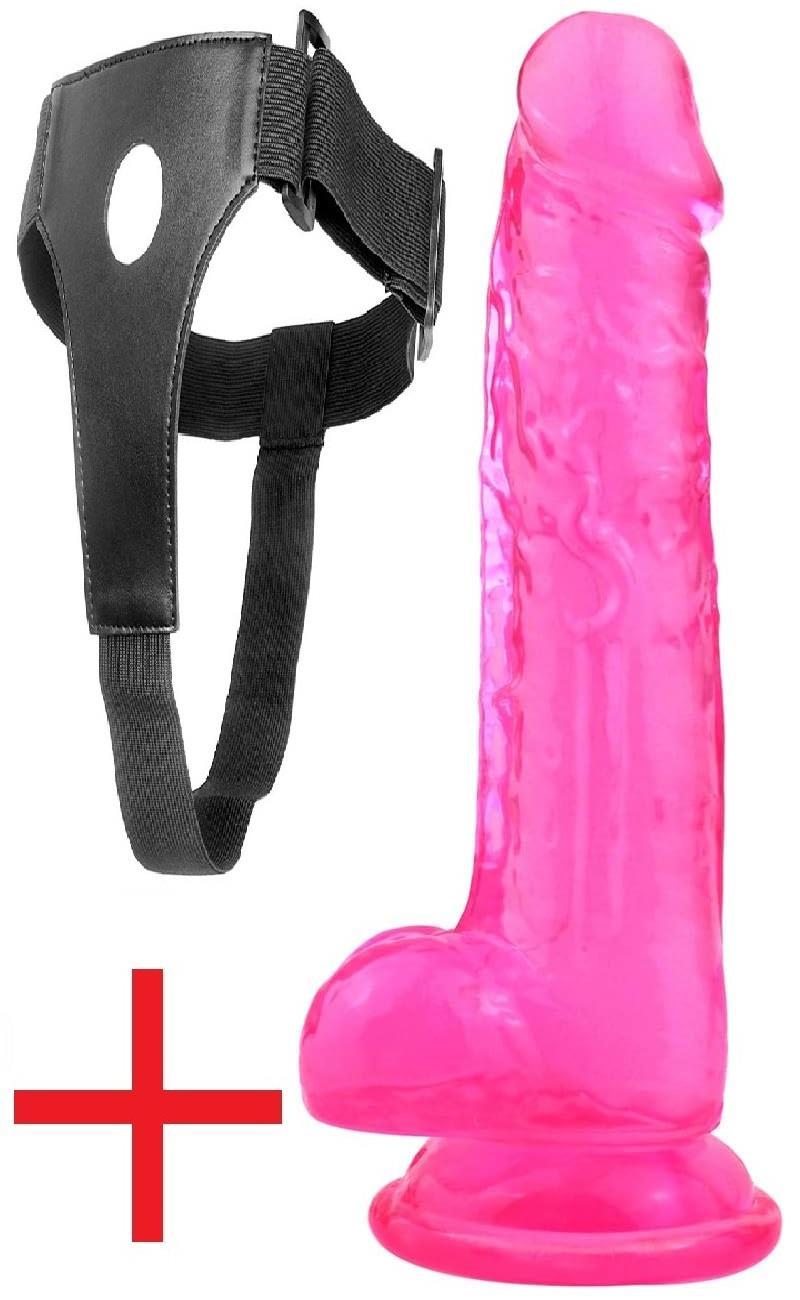 Belden Bağlamalı Kemerli Esnek Yumuşak Pembe Jel Dokuda 23.5 Cm Vantuzlu Realistik Takma Penis Dildo