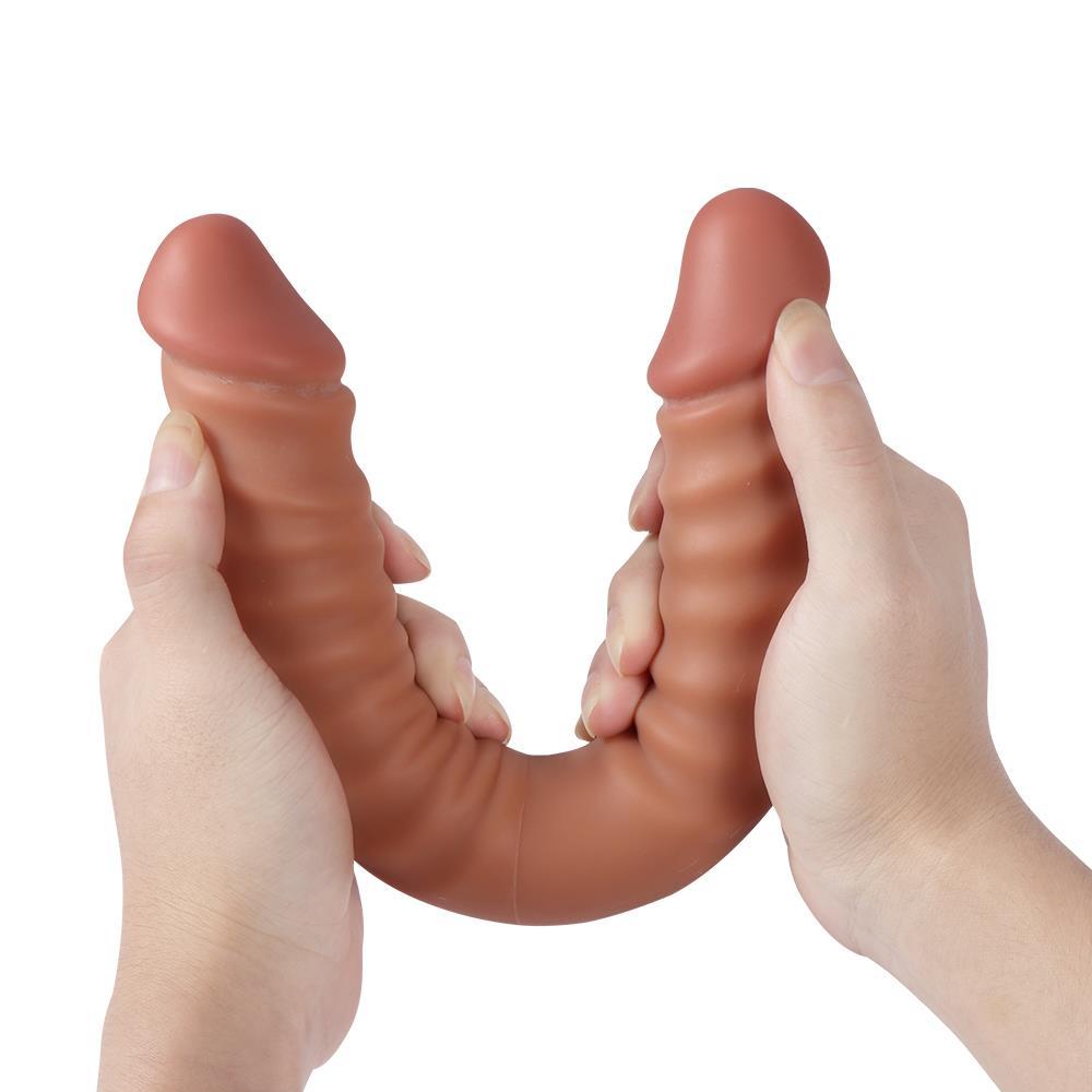 Çift Başlıklı 34 Cm Tamamen Gerçekçi Dokuda Lezbiyen Anal Vajinal Çift Taraflı Realistik Penis Dildo