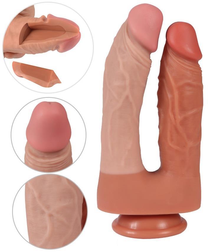 Çift Başlıklı Gerçekçi Penis Esnek Yumuşak Ten Dokusu Çift Katmanlı Vantuzlu Çatal Realistik Dildo