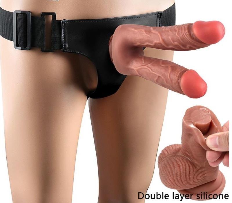Çift Katmanlı Çatal Kemerli Esnek Ultra Yumuşak Çift Başlıklı Penis Vantuzlu Belden Bağlamalı Dildo