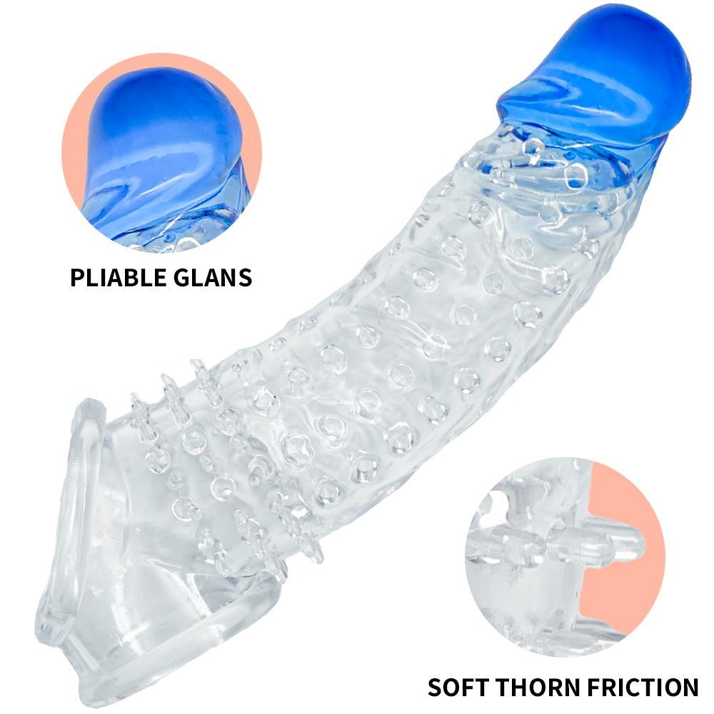 Dolgulu Uyarıcı Tırtıklı Şeffaf Mavi Silikon 4 Cm Uzatmalı 21.5 Cm Testise Geçirmeli Penis Kılıfı