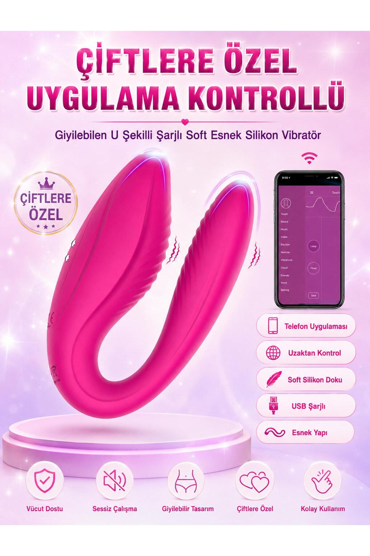 Uygulamalı Telefon Kontrollü U Şekilli Çiftlere Özel Giyilebilen Soft Esnek Silikon Şarjlı Vibratör
