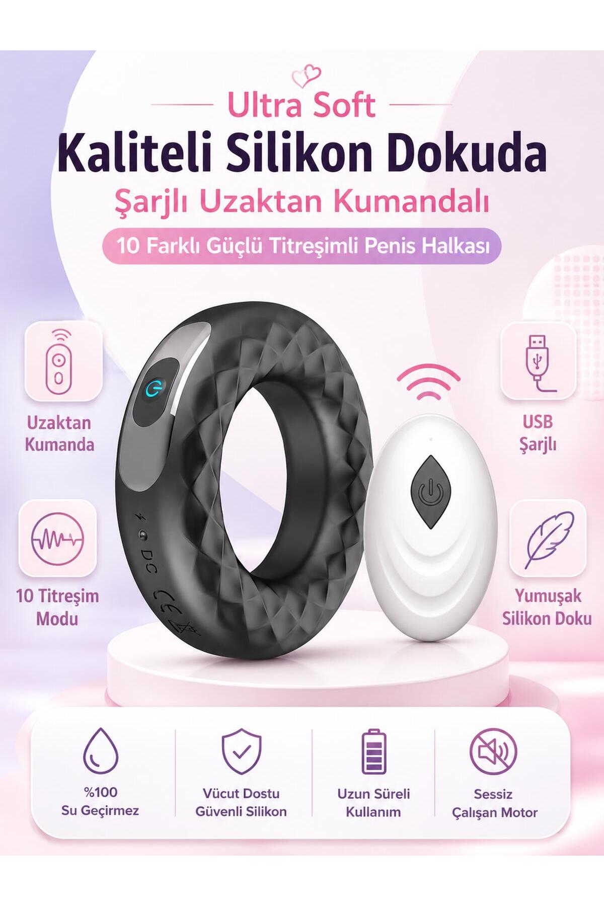 Ultra Soft Kaliteli Silikon Dokuda Şarjlı Uzaktan Kumandalı 10 Farklı Güçlü Titreşimli Penis Halkası