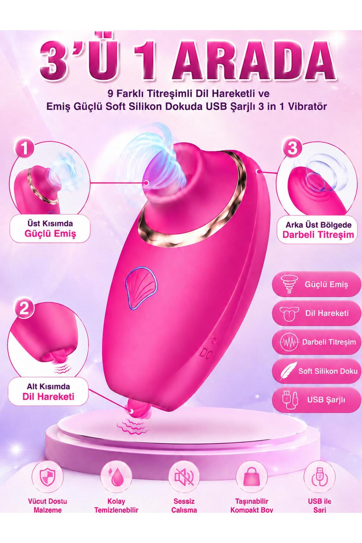 3in1 Usb Şarjlı 9 Farklı Darbeli Titreşimli Dil Hareketli Ve Emiş Güçlü Soft Silikon Dokuda Vibratör
