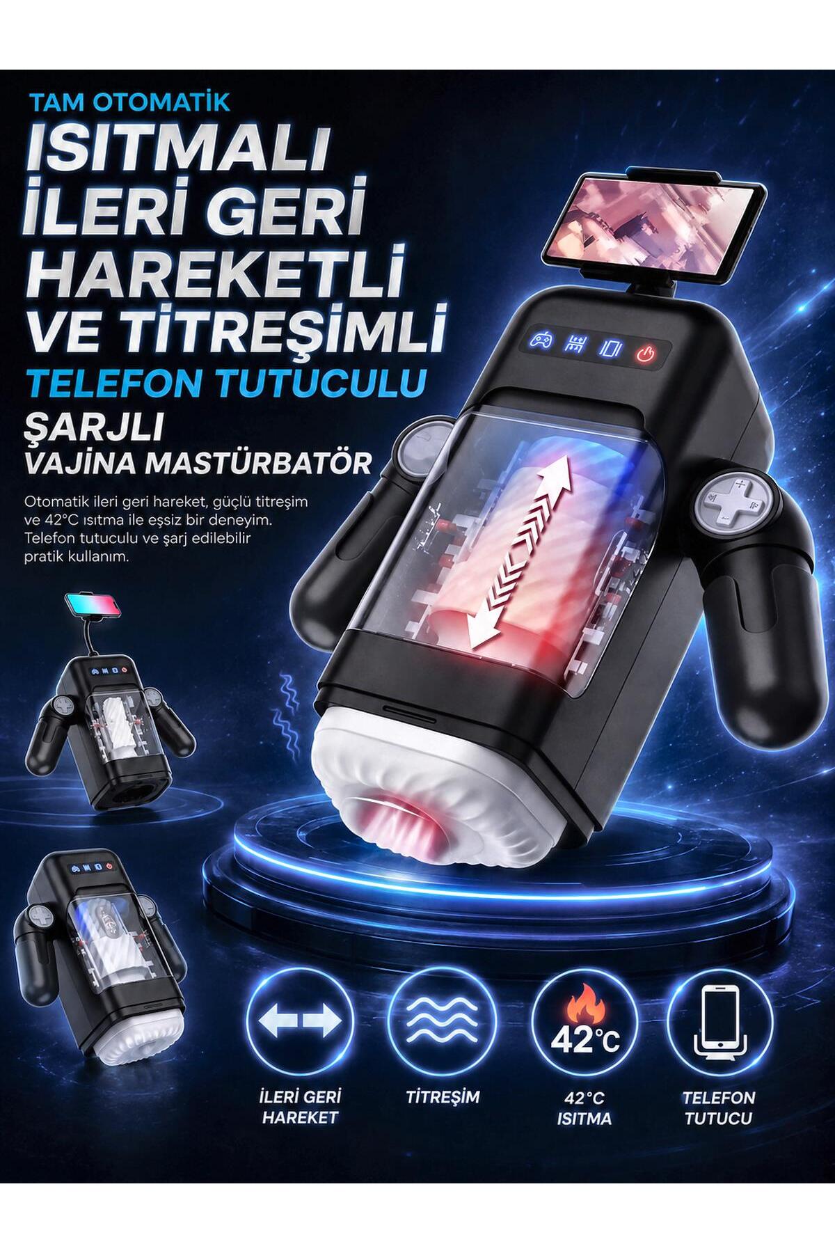 İleri Geri Hareketli Ve Titreşimli Tam Otomatik Isıtmalı Telefon Tutuculu Şarjlı Vajina Mastürbatör