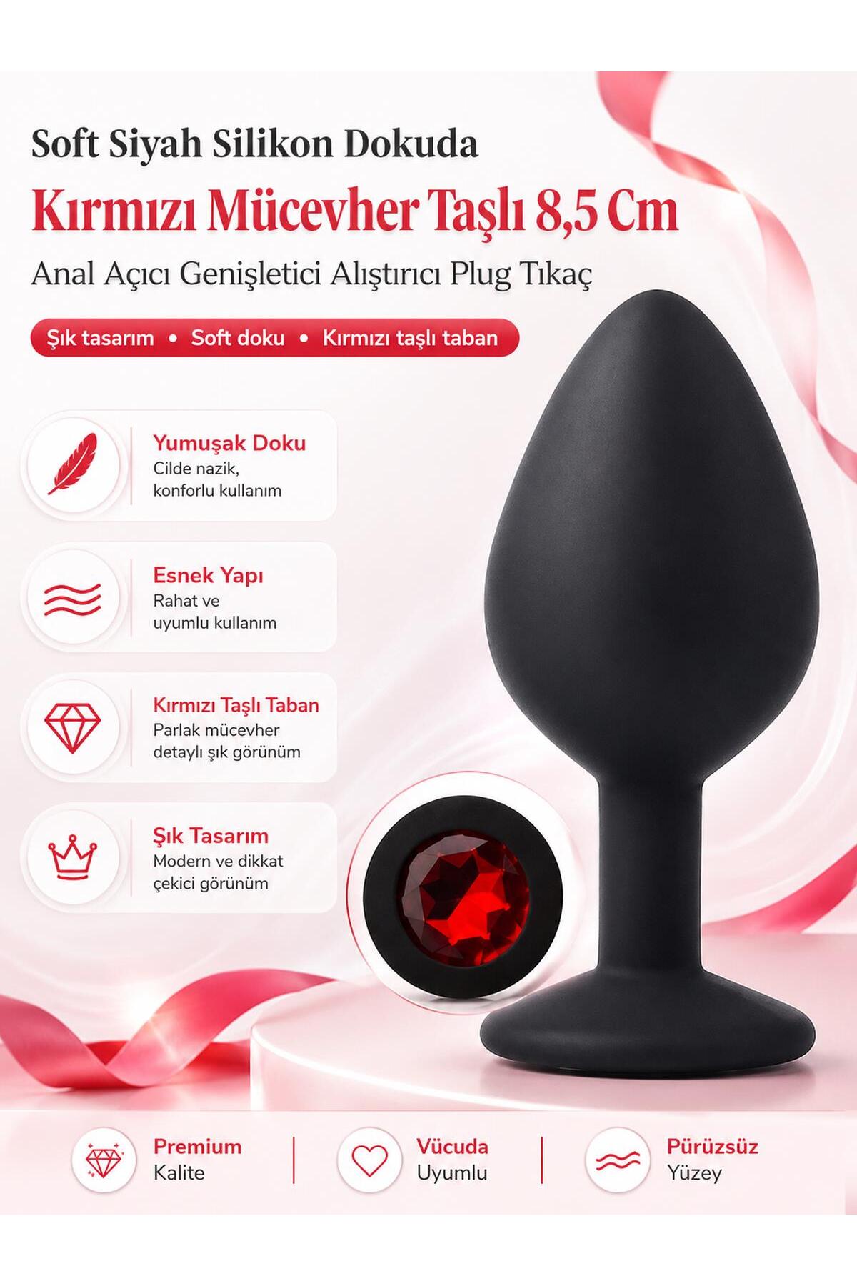 Kırmızı Mücevher Taşlı Soft Siyah Silikon Dokuda 8,5 Cm Açıcı Anal Genişletici Alıştırıcı Plug Tıkaç