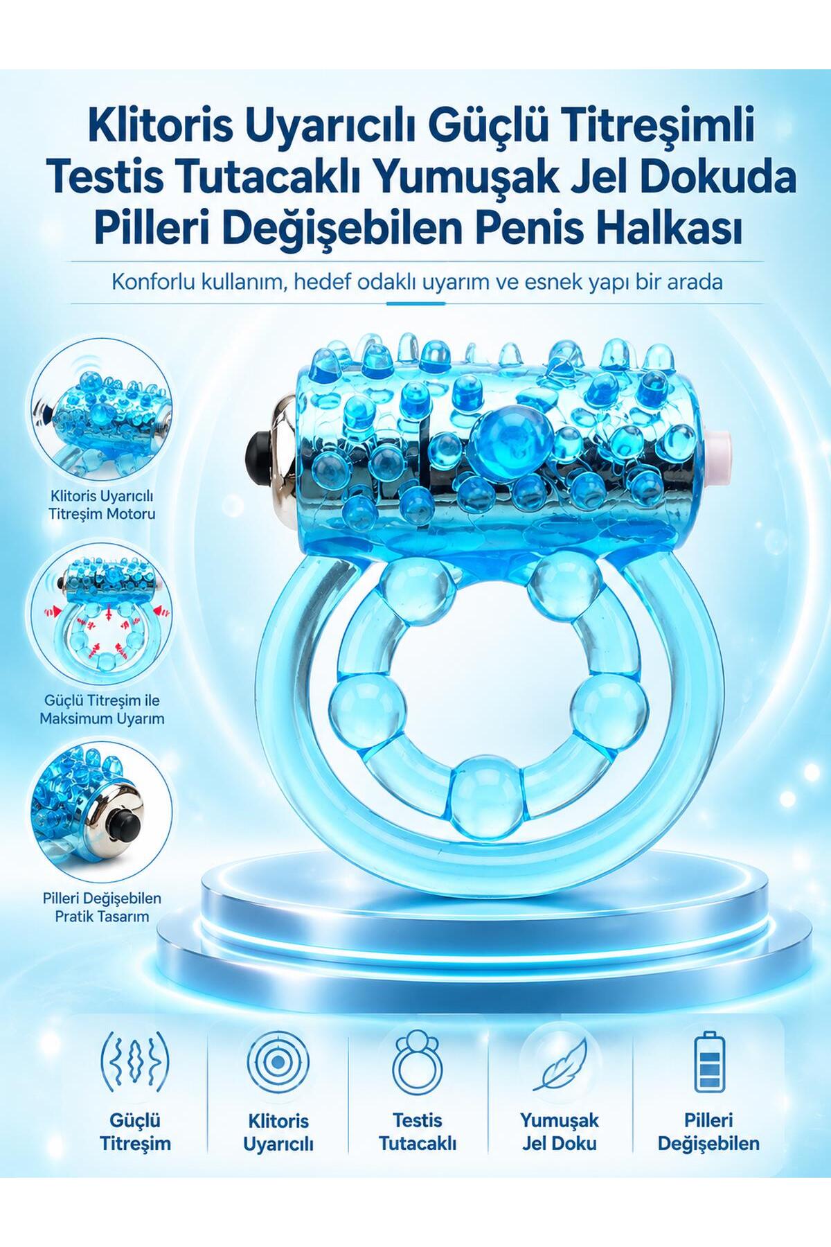 Klitoris Uyarıcılı Testis Destekli Yumuşak Jel Dokuda Güçlü Titreşimli Çift Halkalı Penis Halkası