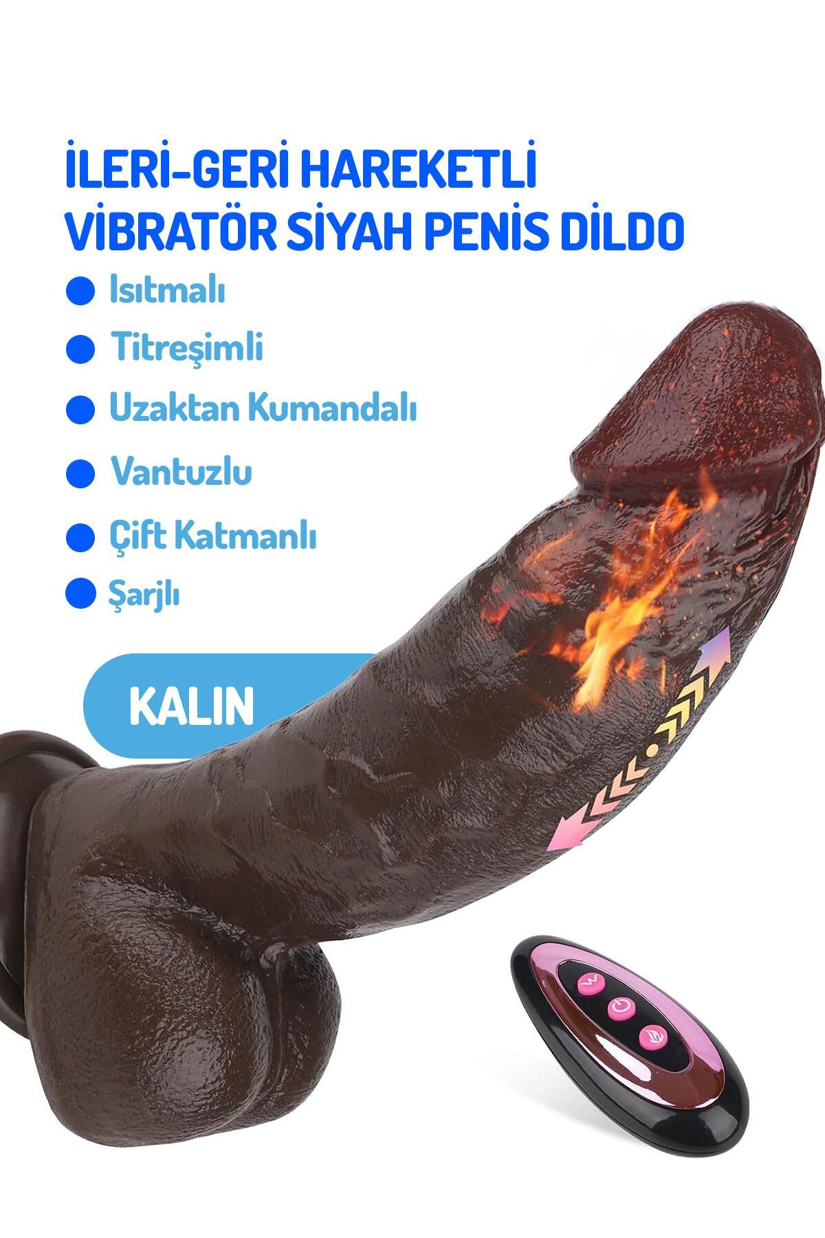 Isıtmalı İleri Geri Hareketli Titreşimli Penis Kalın 22 Cm Kumandalı Usb Şarjlı Vantuzlu Siyah Dildo