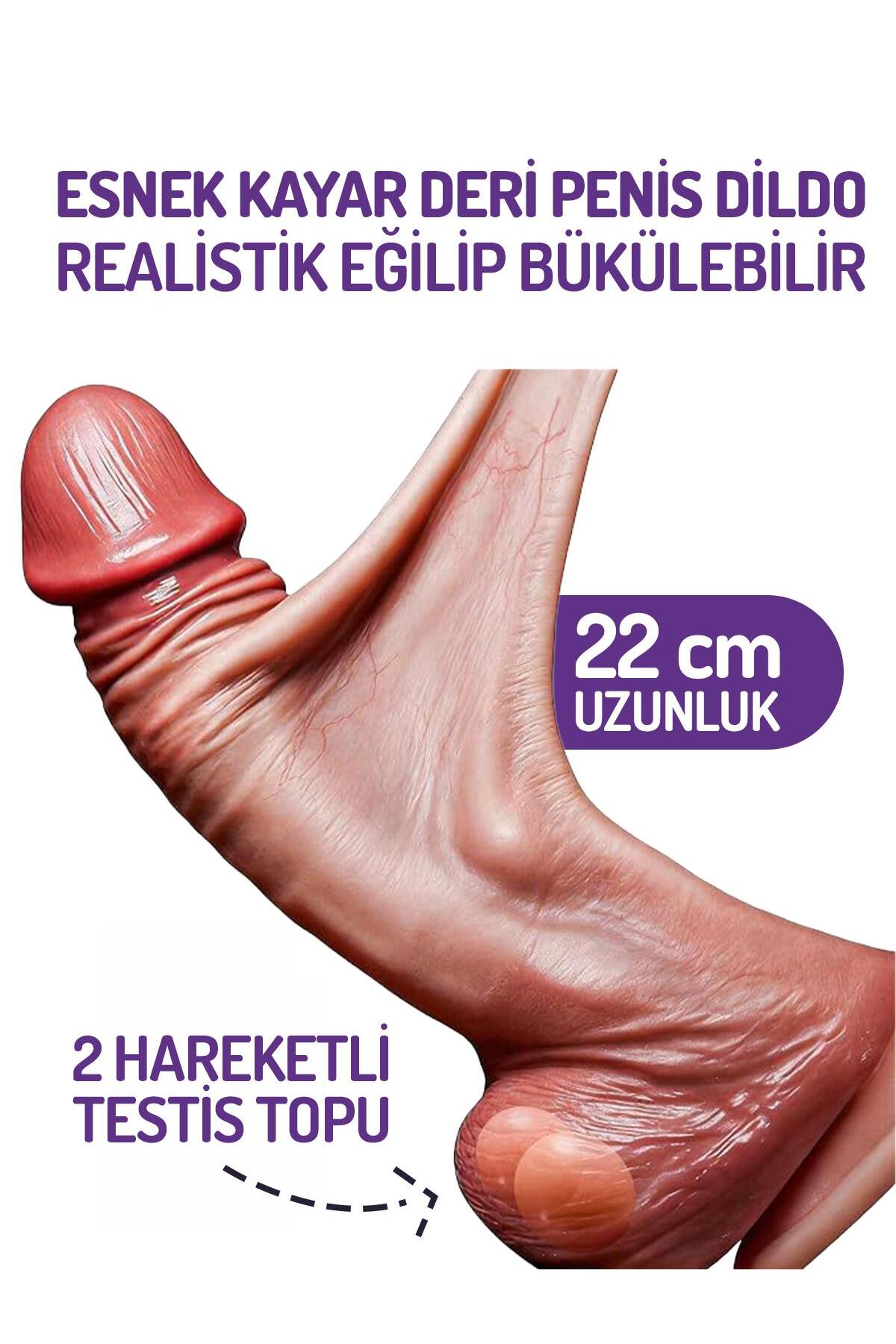 Gerçekçi Hareketli Kayar Deri Çift Katmanlı Eğilip Bükülebilir 22 Cm Vantuzlu Realistik Penis Dildo