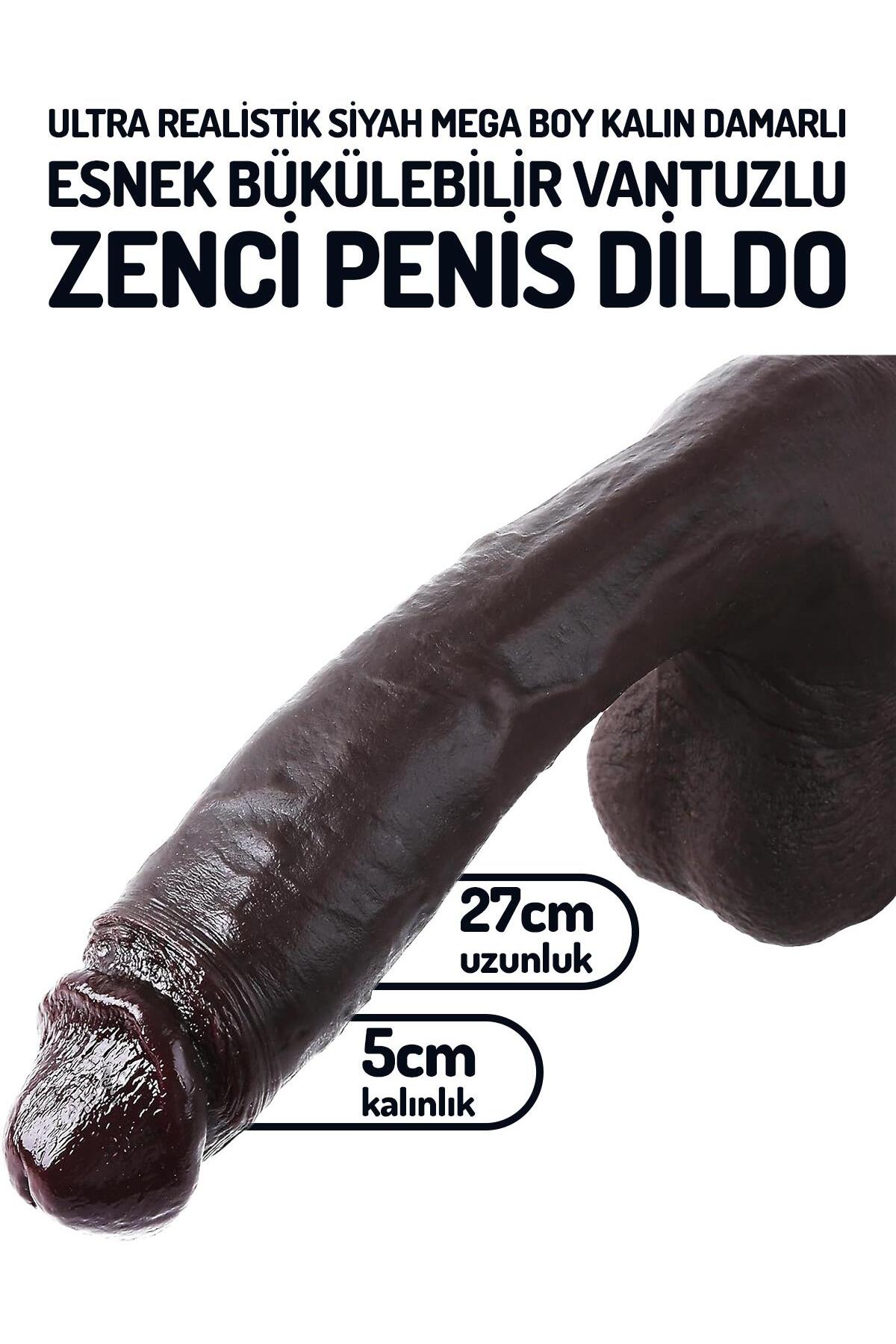 Mega Boy Ultra Yumuşak Gerçekçi Eğilip Bükülebilir 27 Cm Kalın Penis Vantuzlu Siyah Realistik Dildo