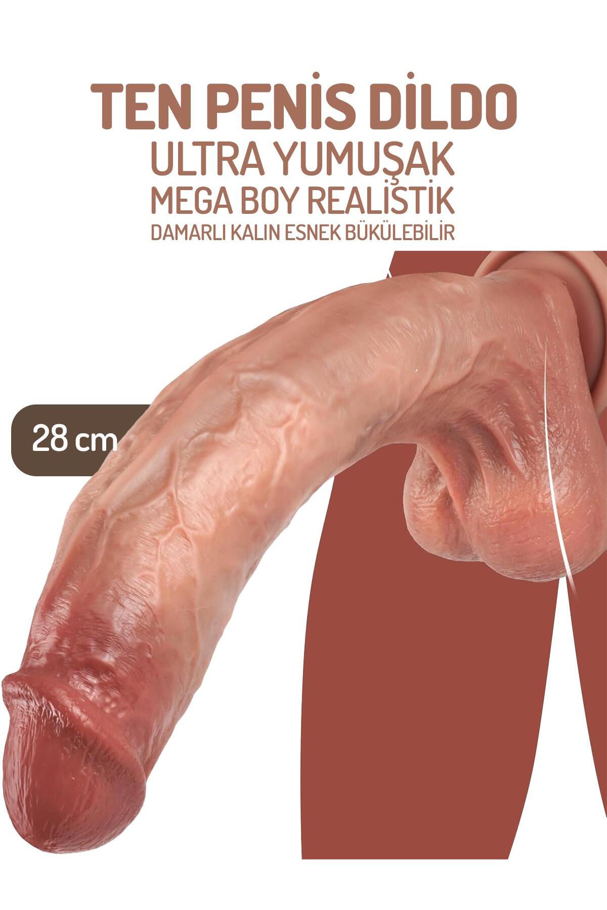 Ultra Yumuşak Dokuda 28 Cm Mega Boy Eğilip Bükülebilir Damarlı Vantuzlu Kalın Realistik Penis Dildo