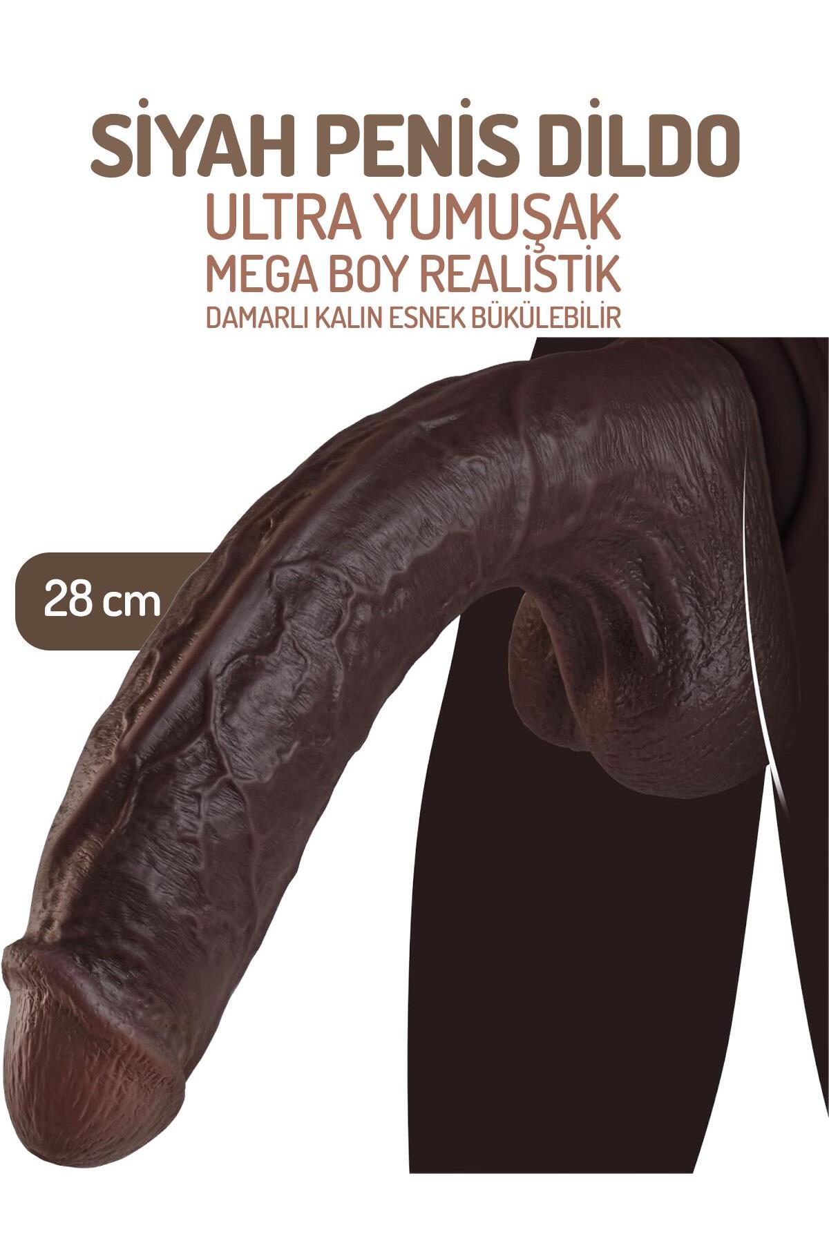 Eğilip Bükülebilir Yumuşak Doku Mega Boy 28 Cm Damarlı Vantuzlu Kalın Realistik Siyah Penis Dildo