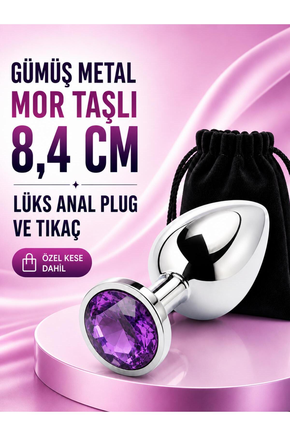Gümüş Metal Mücevher Mor Taşlı 8,4 Cm Anal Açıcı Genişletici Alıştırıcı Lüks Anal Plug Ve Tıkaç