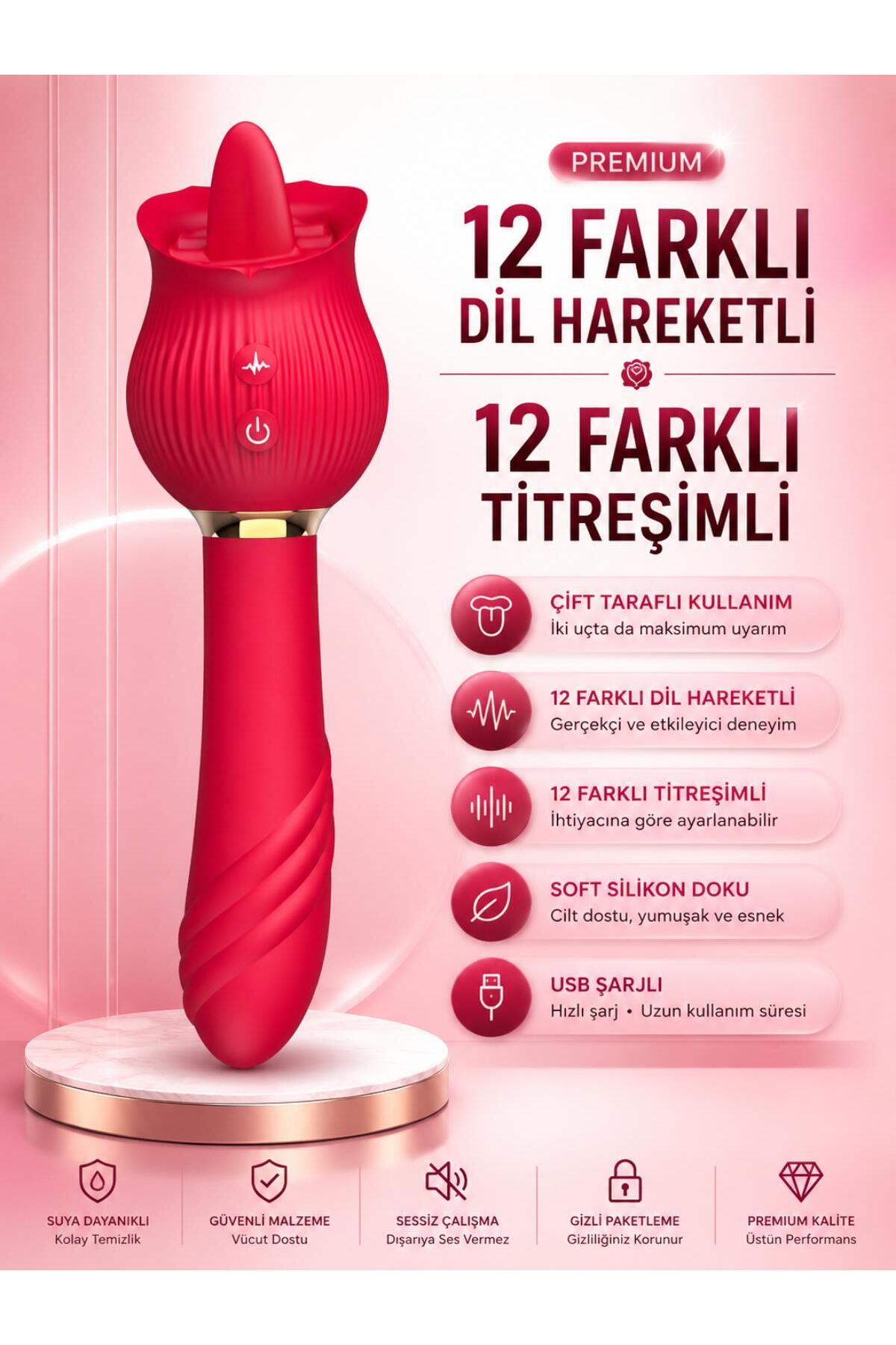 Aşağı Yukarı 12 Mod Dil Hareketli 12 Titreşimli Çift Taraflı Şarjlı Silikon Doku Teknolojik Vibratör