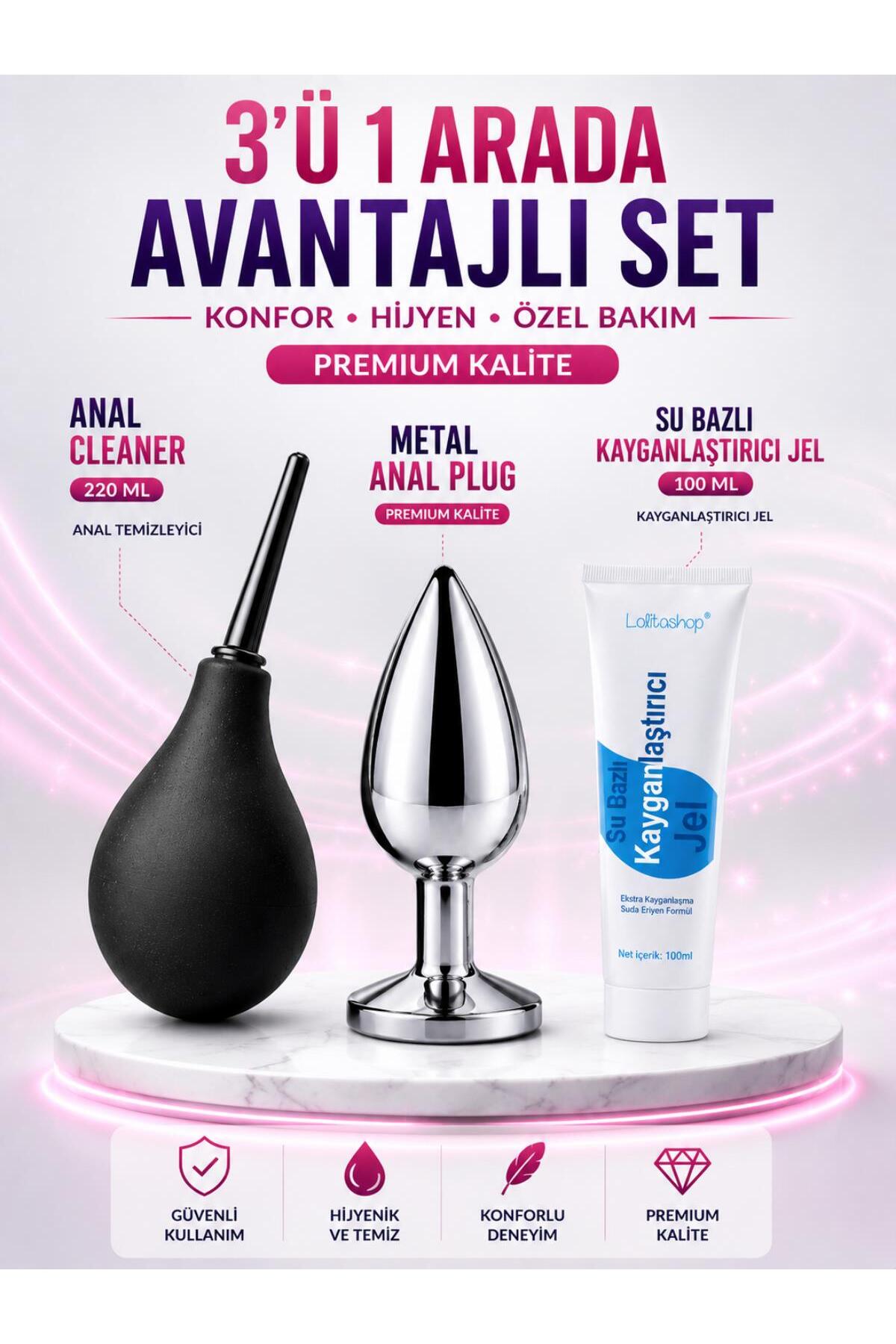 3'ü 1 Arada Anal Set Gümüş Metal Plug, Anal Temizleyici Pompa ve 100 ML Su Bazlı Kayganlaştırıcı Jel