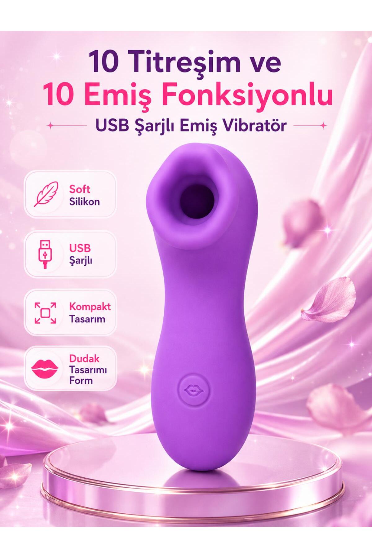 Dudak Tasarımlı Usb Şarjlı Soft Silikon Dokuda 10 Farklı Titreşim Emiş Fonksiyonlu Zevk Vibratörü