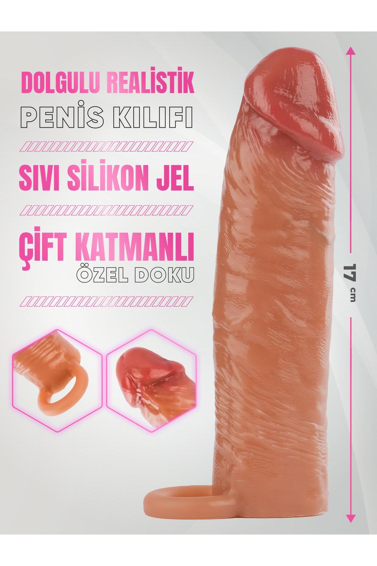 Dolgulu 17 Cm Sıvı Silikon Soft Çift Katmanlı 3 Cm Uzatmalı Testise Geçirmeli Realistik Penis Kılıfı