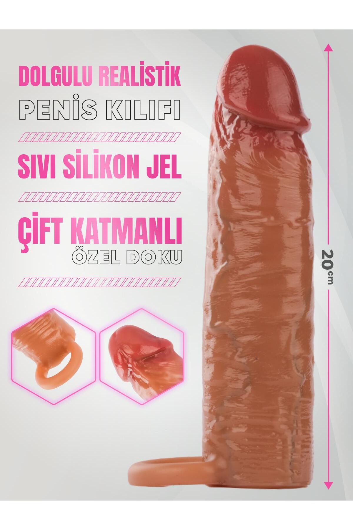 Uzatmalı Çift Katmanlı Soft Sıvı Silikon 20 Cm Testise Geçirmeli Dolgulu 3 Cm Realistik Penis Kılıfı