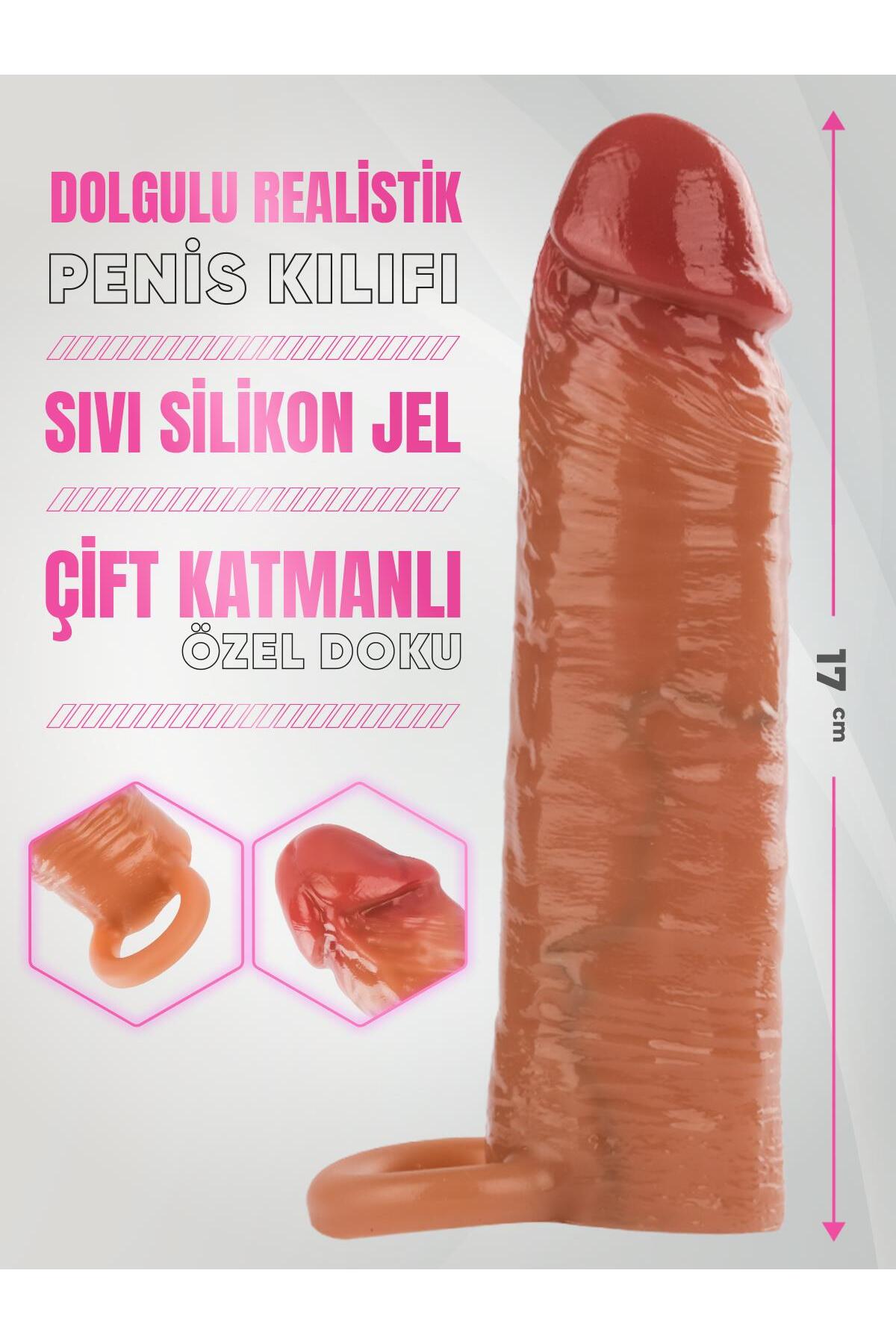 Sıvı Silikon Dolgulu Çift Katmanlı 17 Cm Testise Geçirmeli 2,5 Cm Uzatmalı Realistik Penis Kılıfı