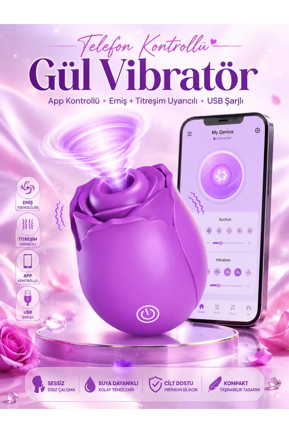 Telefon Kontrollü Klitoris Meme Ucu Emiş Ve Titreşim Uyarıcılı Modu Şarjlı Silikon Doku Gül vibratör