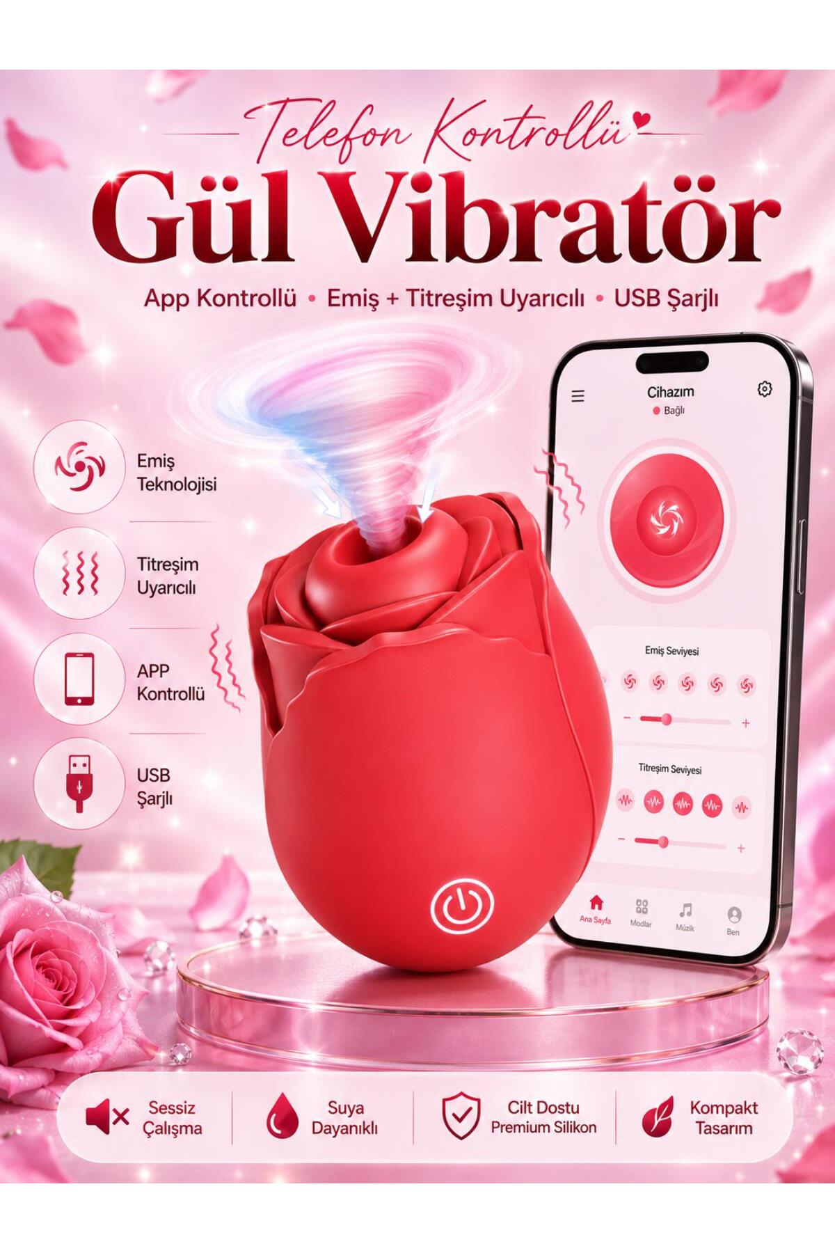 App Telefon Kontrollü Meme Ucu Klitoris Emiş Ve Titreşim Uyarıcılı Şarjlı Silikon Doku Gül vibratör