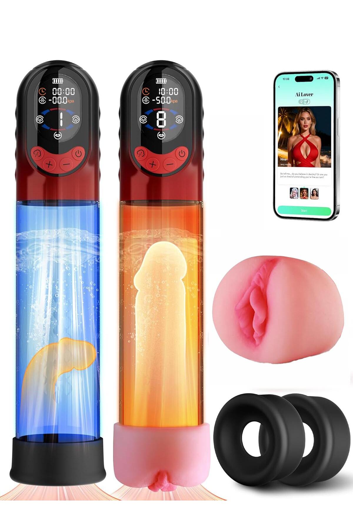 Yapay Zeka Telefon Kontrollü Led Ekran Sulu & Susuz Şarjlı Otomatik Emişli Mastürbatör Penis Pompası