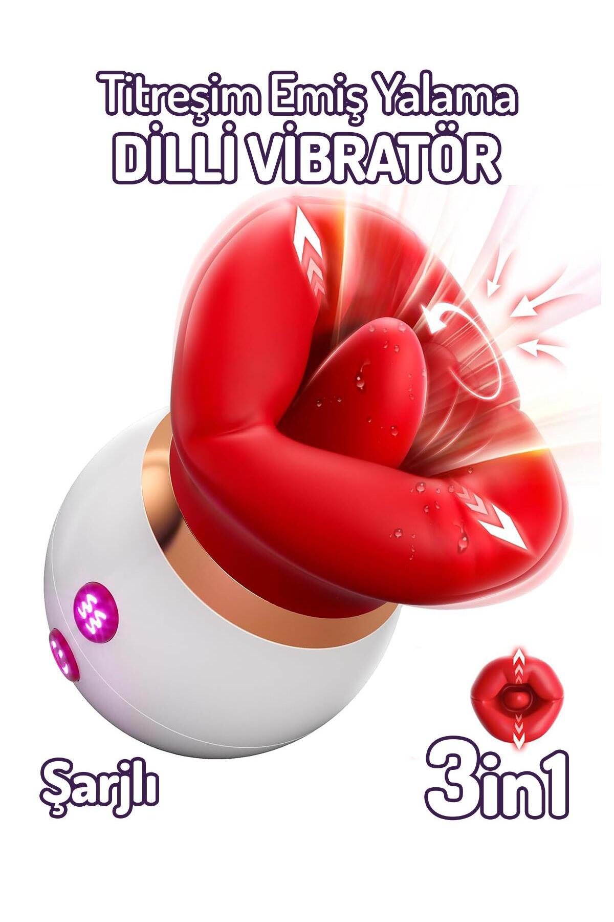 Hareketli Dil Yalama Emişli Aşağı Yukarı Dudak Hareketli Titreşimli 3 in 1 Silikon Şarjlı Vibratör