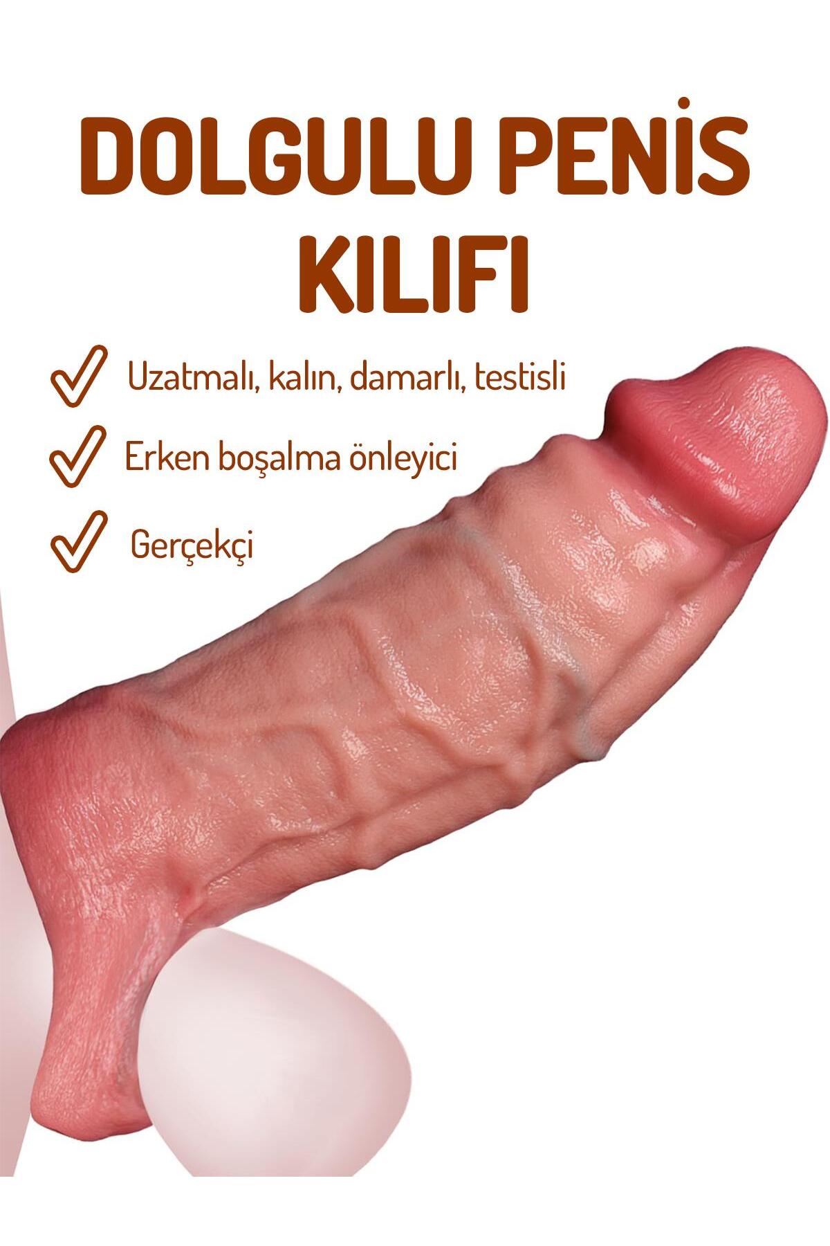 Ultra Gerçekçi Dokuda Damarlı Kalınlaştırıcı Uzatmalı 3 Cm Dolgulu Testise Geçirmeli Penis Kılıfı