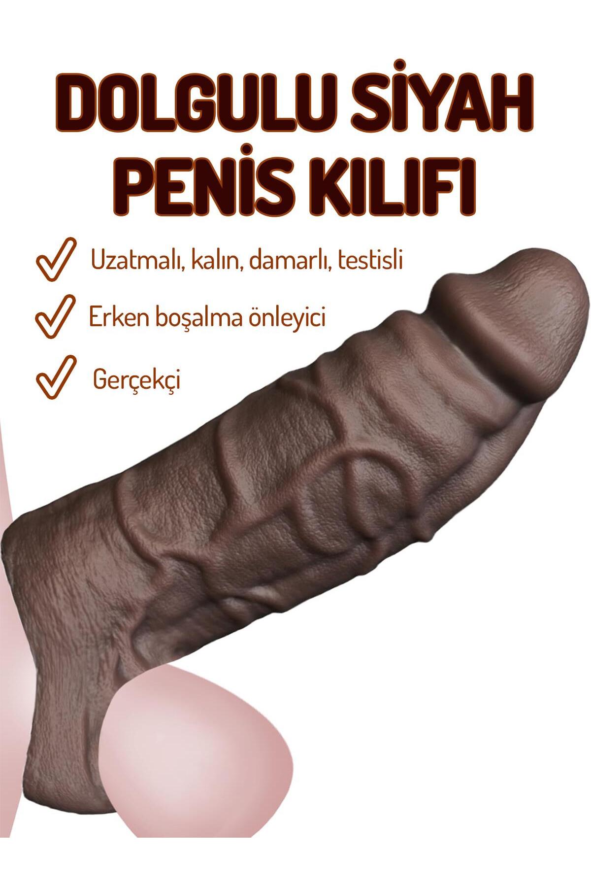 Kalınlaştırıcı Uzatmalı 3 Cm Dolgulu Gerçekçi Dokuda Damarlı Testise Geçirmeli Siyah Penis Kılıfı