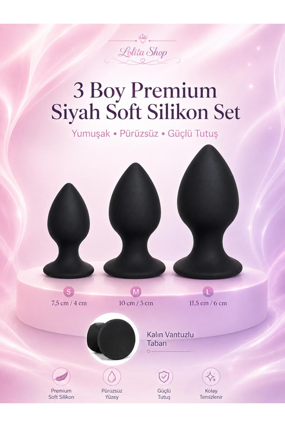 Kalın 3 Farklı Boyutlarda Siyah Silikon Doku Vantuzlu Anal Alıştırıcı Genişletici Plug Tıkaç Set