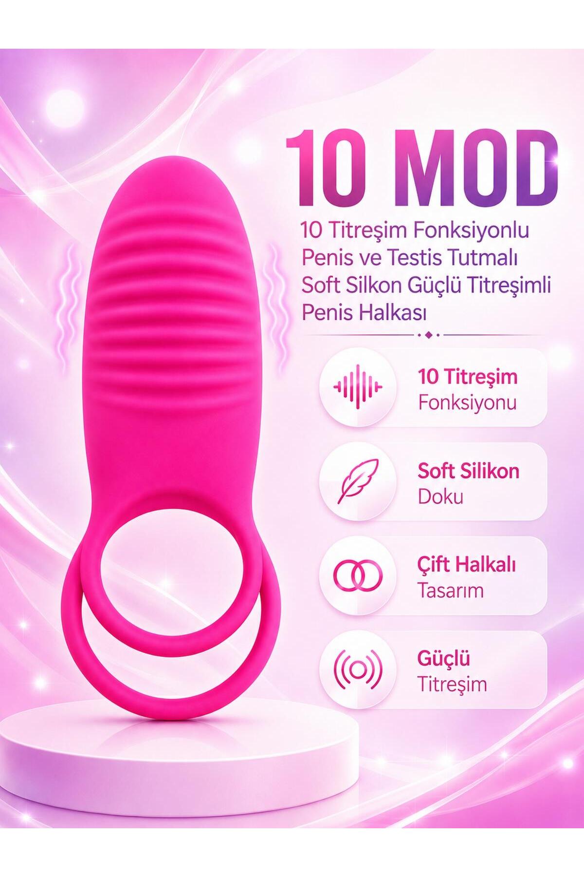 Çift Halkalı 10 Farklı Titreşim Soft Silikon Penis ve Testis Tutmalı Şarjlı Uyarıcılı Penis Halkası