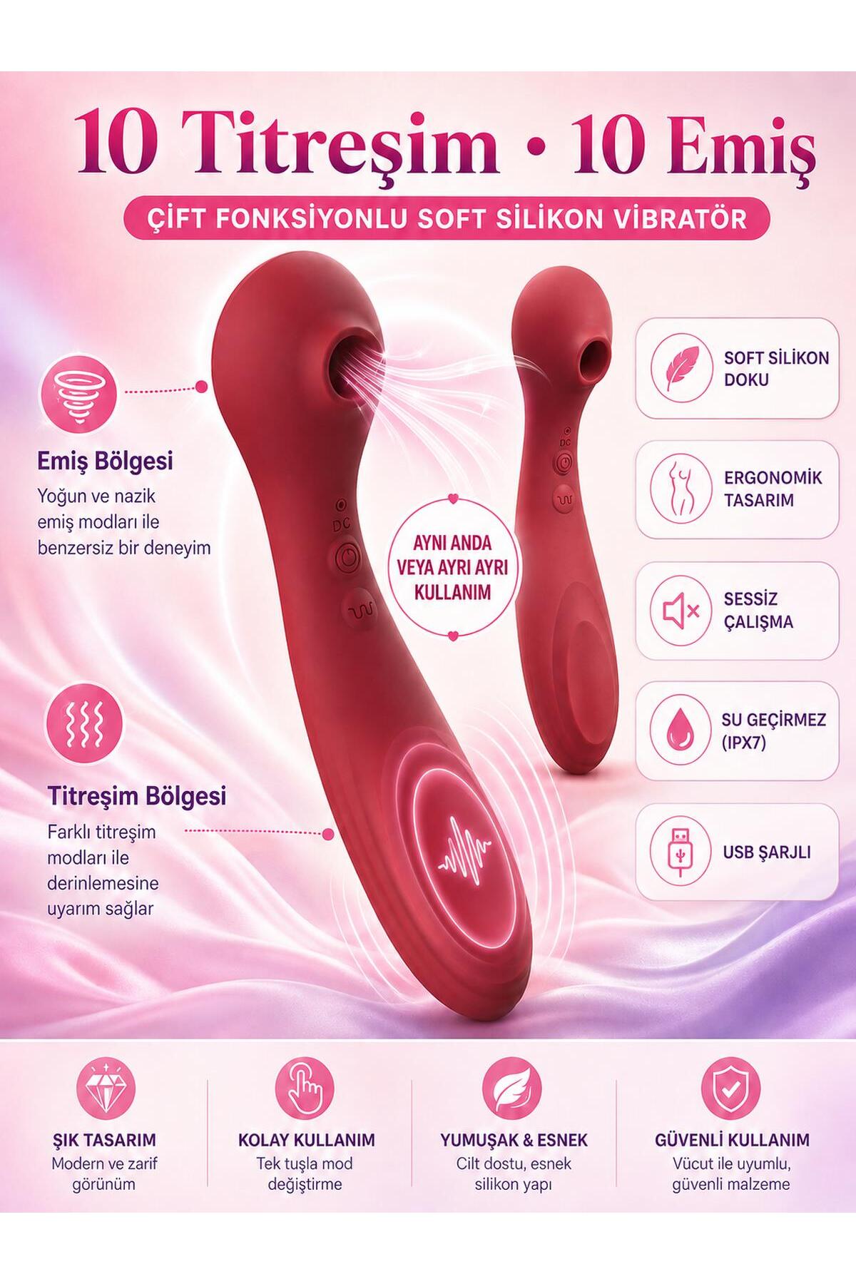 10 Titreşim ve 10 Emiş Fonksiyonlu Çift Motor Fonksiyonlu Şarjlı Soft Silikon Emme Dildo Vibratör