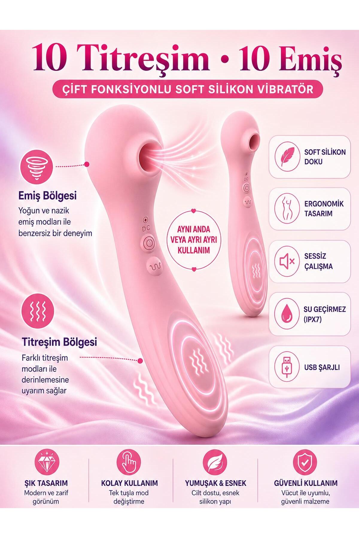 Çift Motor Fonksiyonlu 10 Titreşim ve 10 Emiş Fonksiyonlu Şarjlı Soft Silikon Emme Dildo Vibratör