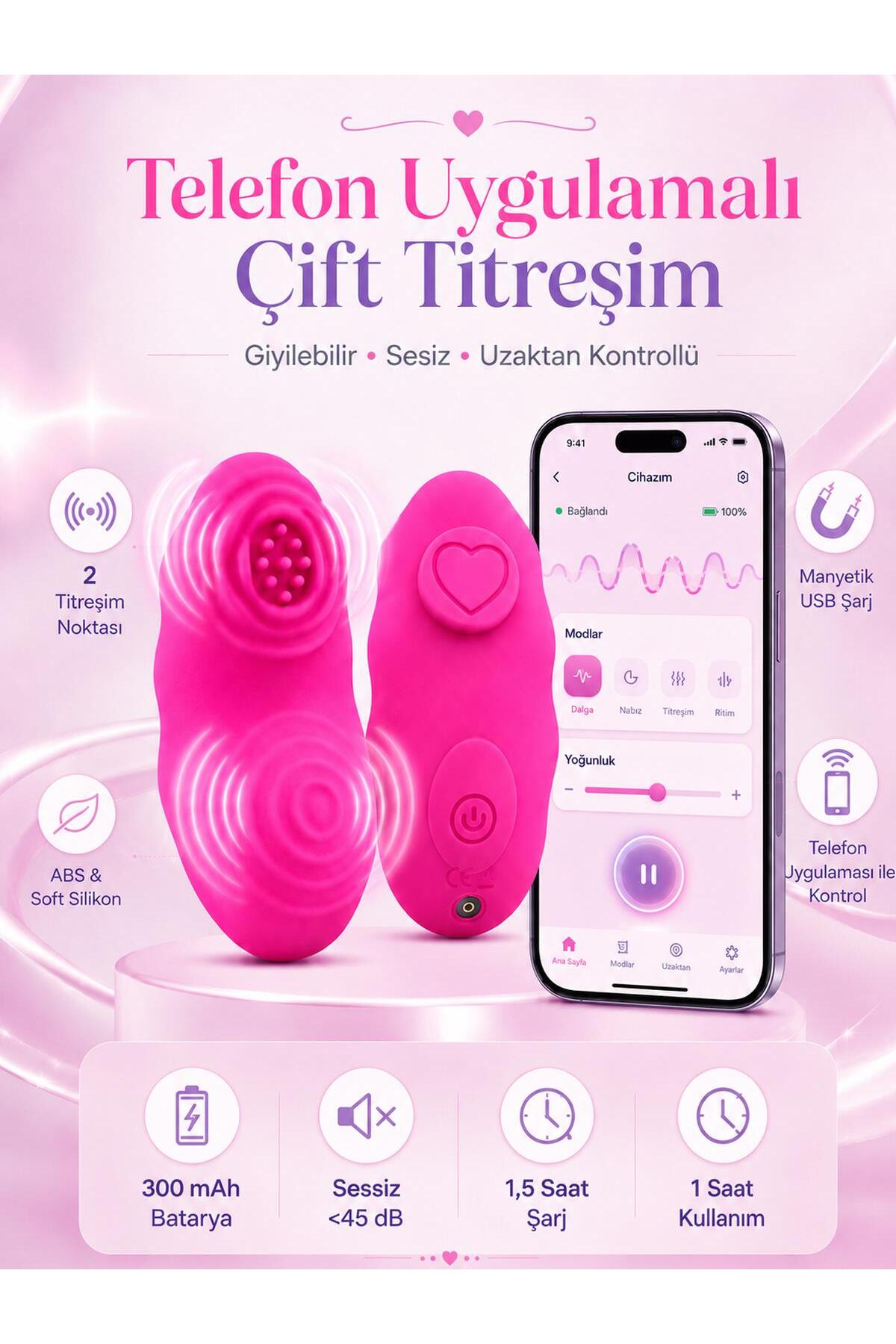 Telefon App Uygulamalı Giyilebilir Güçlü Çift Titreşimli 9 Modlu Usb Şarjlı Soft Silikon Vibratör