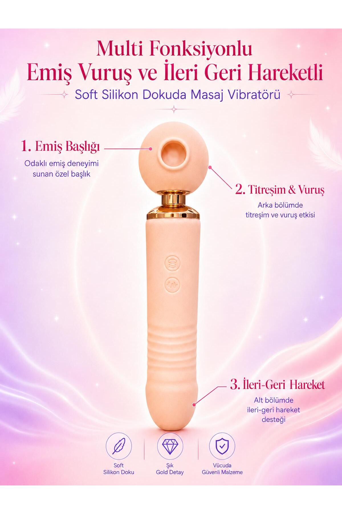 3 in 1 İleri Geri Hareketli Dildo Emiş Gücü Ve Titreşim Darbeli Vuruş Başlıklı Şarjlı Masaj Vibratör