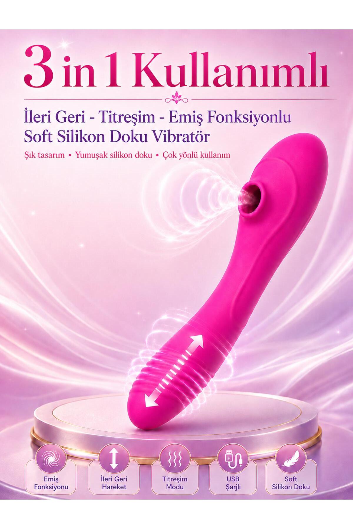 3in1 İleri Geri Hareketli Titreşimli Dildo Emiş Fonksiyonlu Şarjlı Soft Silikon Teknolojik Vibratör