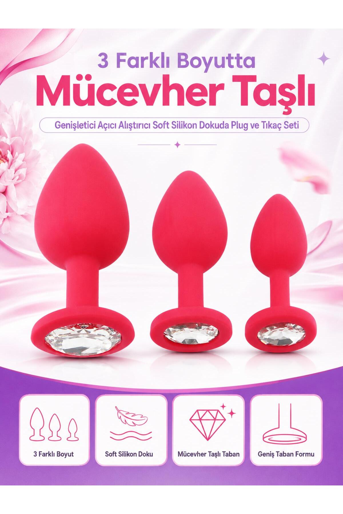Kırmızı Silikon Doku Mücevher Taşlı 3 Farklı Boyut Anal Alıştırıcı Genişletici Açıcı Plug Tıkaç Set
