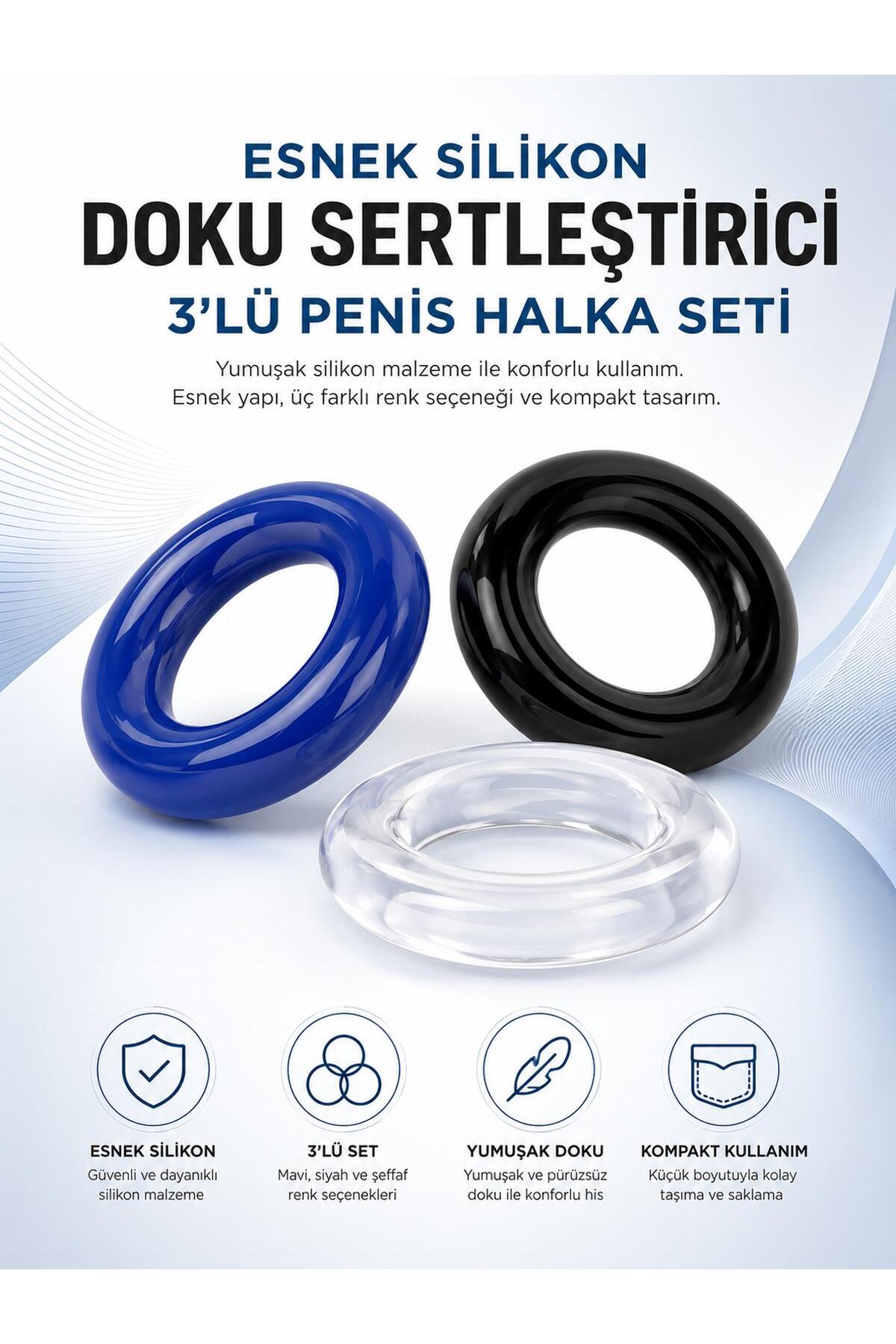 Cinsel İlişkiyi Uzatan 3'lü Penis Halka Seti Esnek Silikon Doku Penis Zevk Yüzüğü Seti