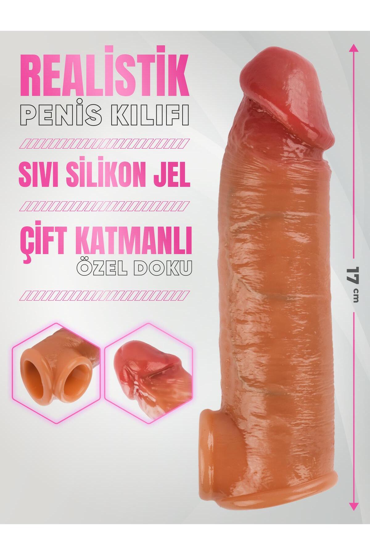 Kalınlaştırıcı Çift Katmanlı 17 Cm Sıvı Silikon Genişletici Testise Geçirmeli Realistik Penis Kılıfı