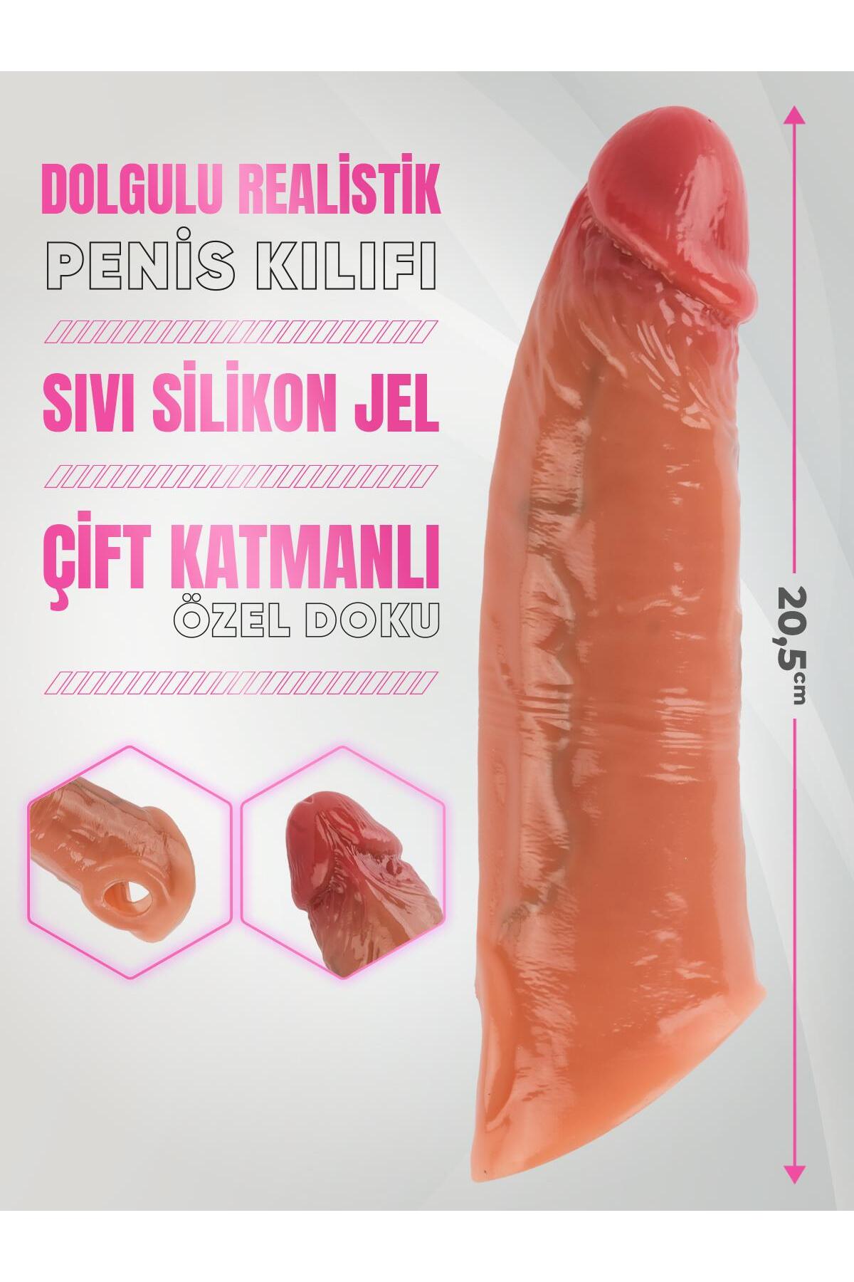 Çift Katmanlı Sıvı Silikon Doku Dolgulu 4 Cm Uzatmalı 20 Cm Testise Geçirmeli Realistik Penis Kılıfı