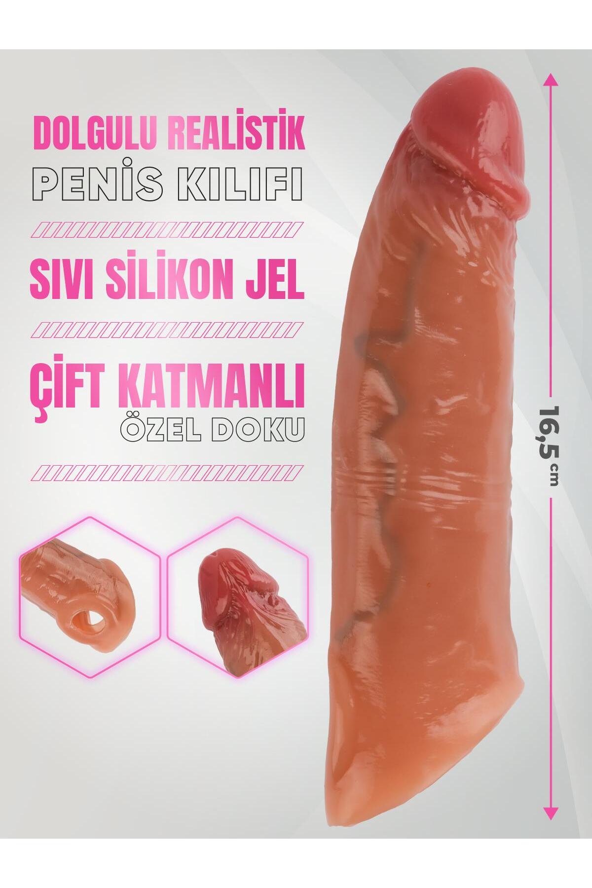 Dolgulu Çift Katmanlı Sıvı Silikon 3 Cm Uzatmalı 16.5 Cm Testise Geçirmeli Realistik Penis Kılıfı