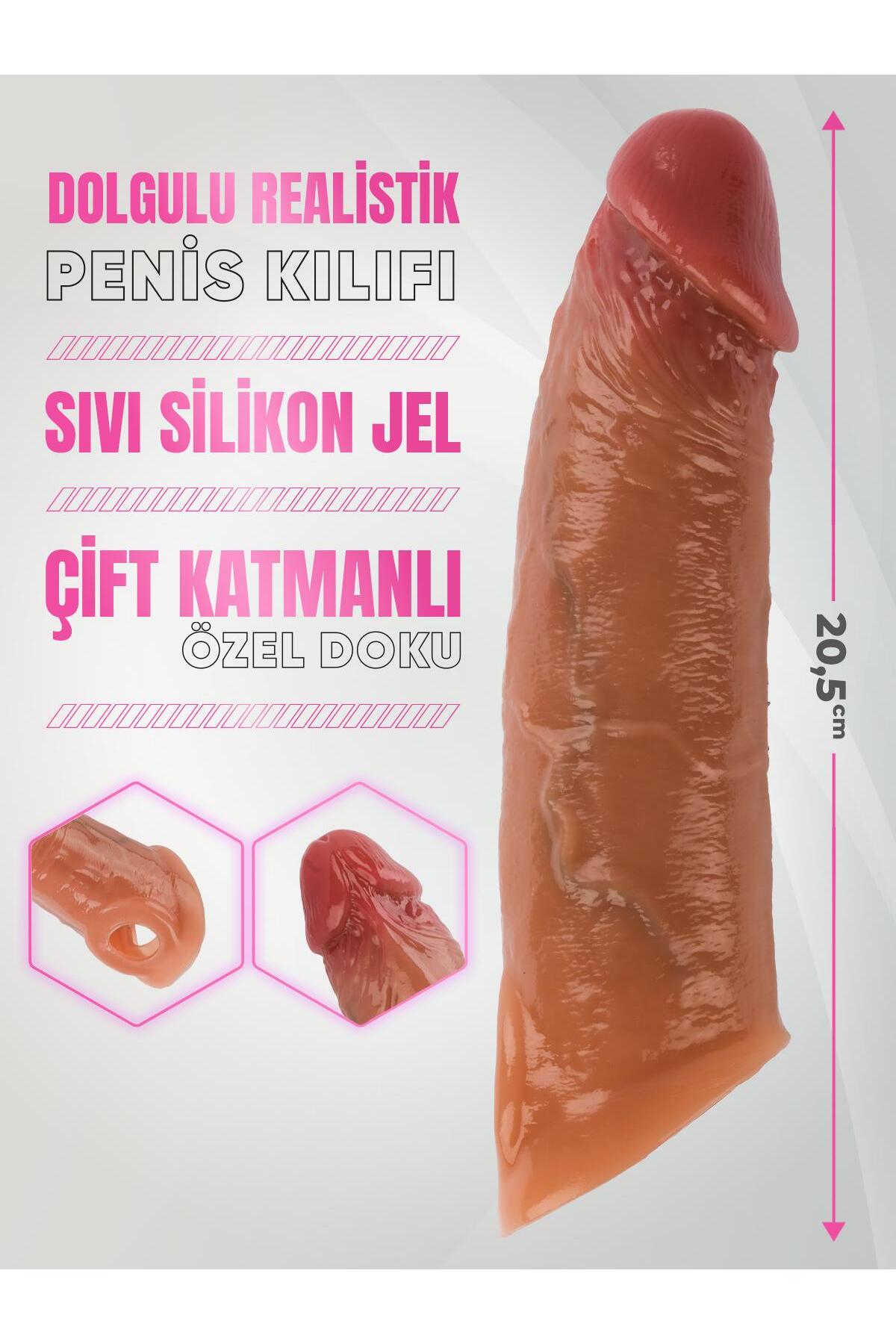 Sıvı Silikon Çift Katmanlı Dolgulu 4 Cm Uzatmalı 20 Cm Esnek Testis Tutacaklı Realistik Penis Kılıfı