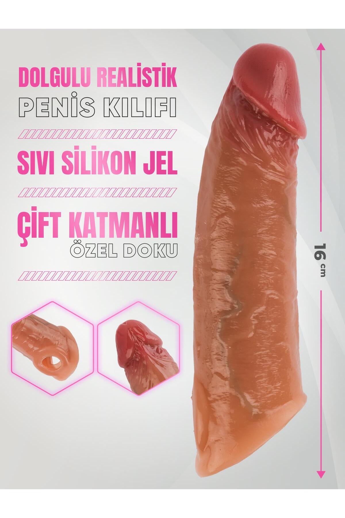 Uzatmalı Sıvı Silikon Çift Katmanlı Esnek 3 Cm Dolgulu 16 Cm Testis Tutacaklı Realistik Penis Kılıfı