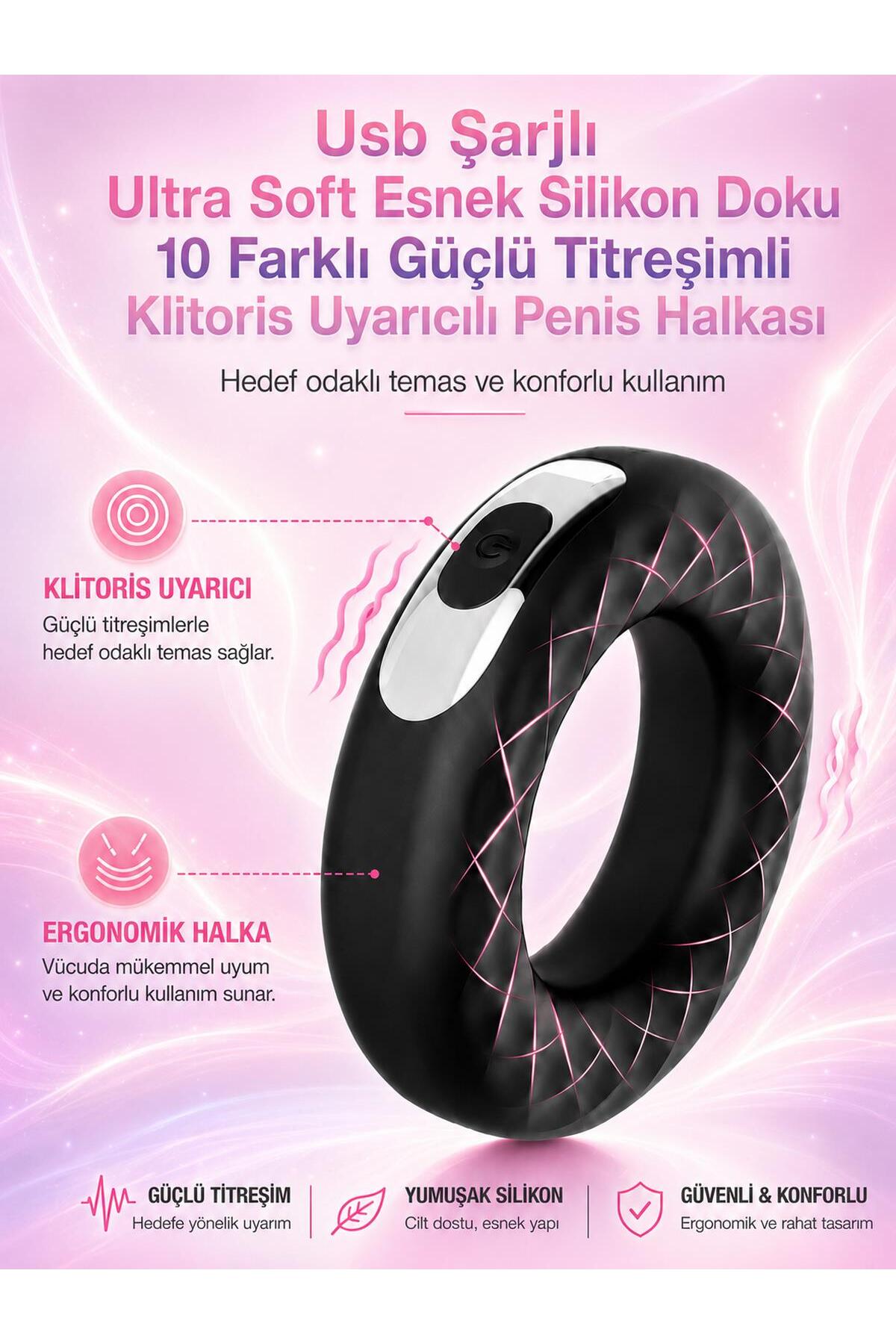 Ultra Soft Esnek Silikon Doku Usb Şarjlı 10 Farklı Güçlü Titreşimli Klitoris Uyarıcılı Penis Halkası