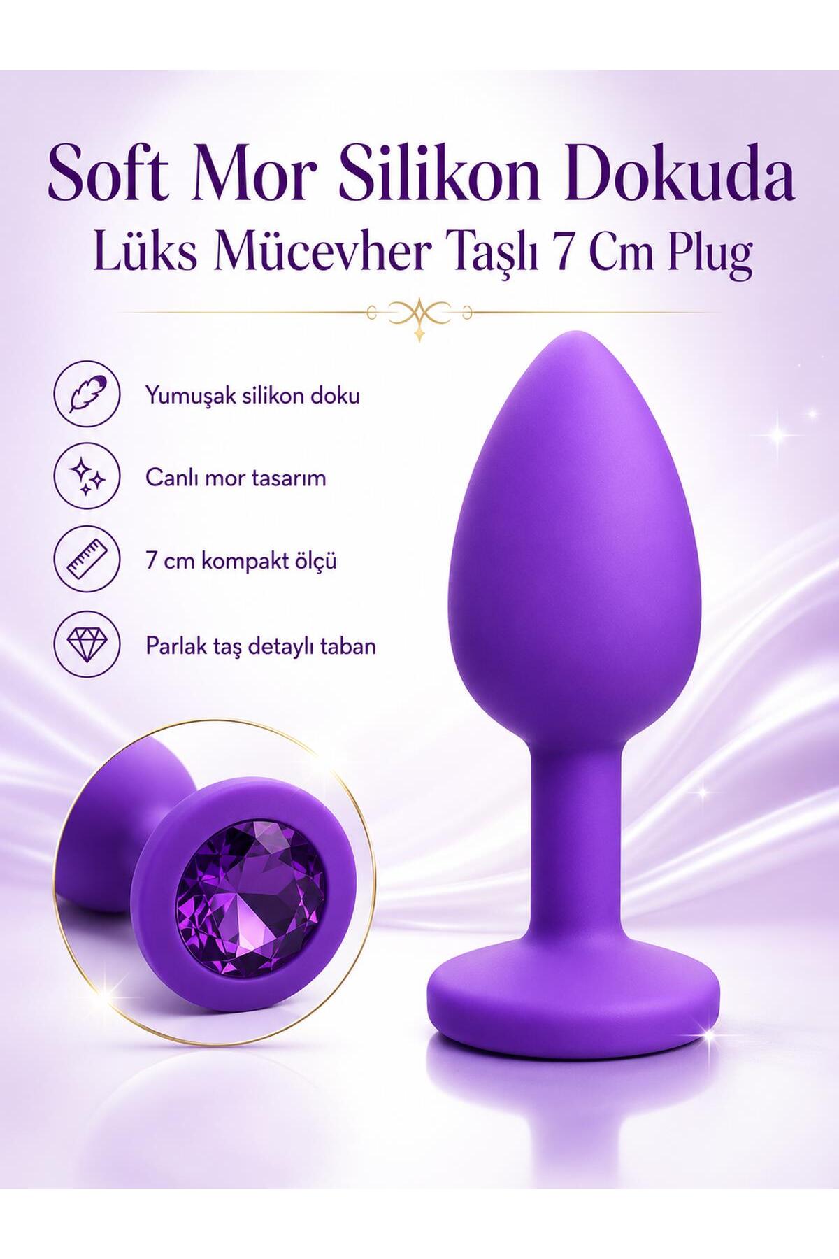 Mor Silikon Soft Doku Lüks Mücevher Mor Taşlı 7 Cm Açıcı Anal Alıştırıcı Tıpa Genişletici Tıkaç Plug